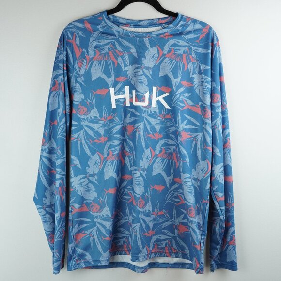 Huk Other - Huk Blue‎ and Pink Palm Tree Long Sleeve Fishing Shirt Size Men's Medium